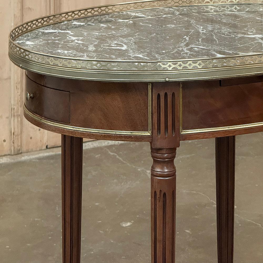 Brass Antique French Louis XVI Mahogany Marble Top Oval Bouillotte Table For Sale