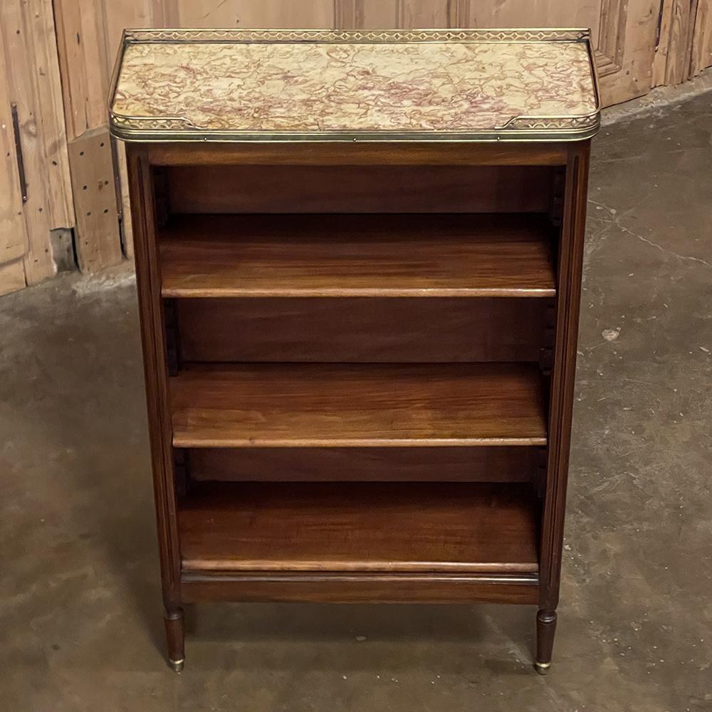Antique French Louis XVI Mahogany Marble Top Petite Open Bookshelf In Good Condition In Dallas, TX