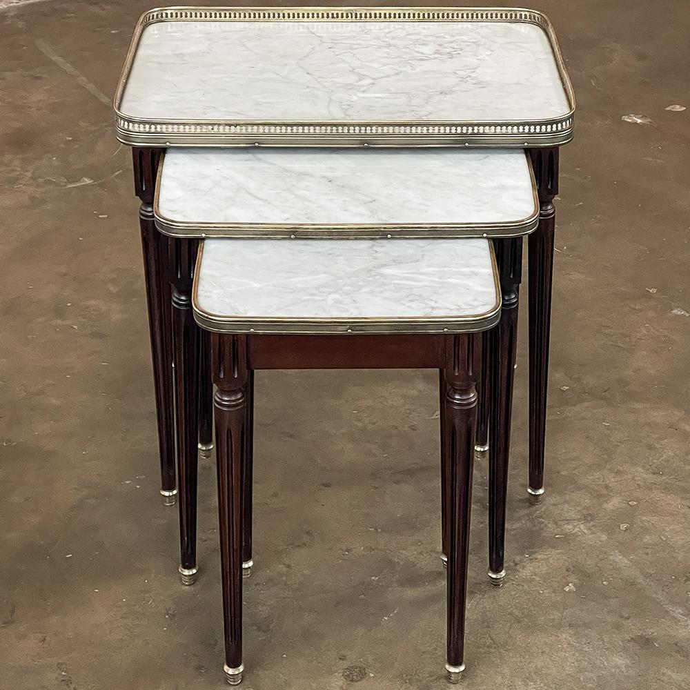 Hand-Crafted Antique French Louis XVI Mahogany Nesting Tables with Carrara Marble Tops For Sale
