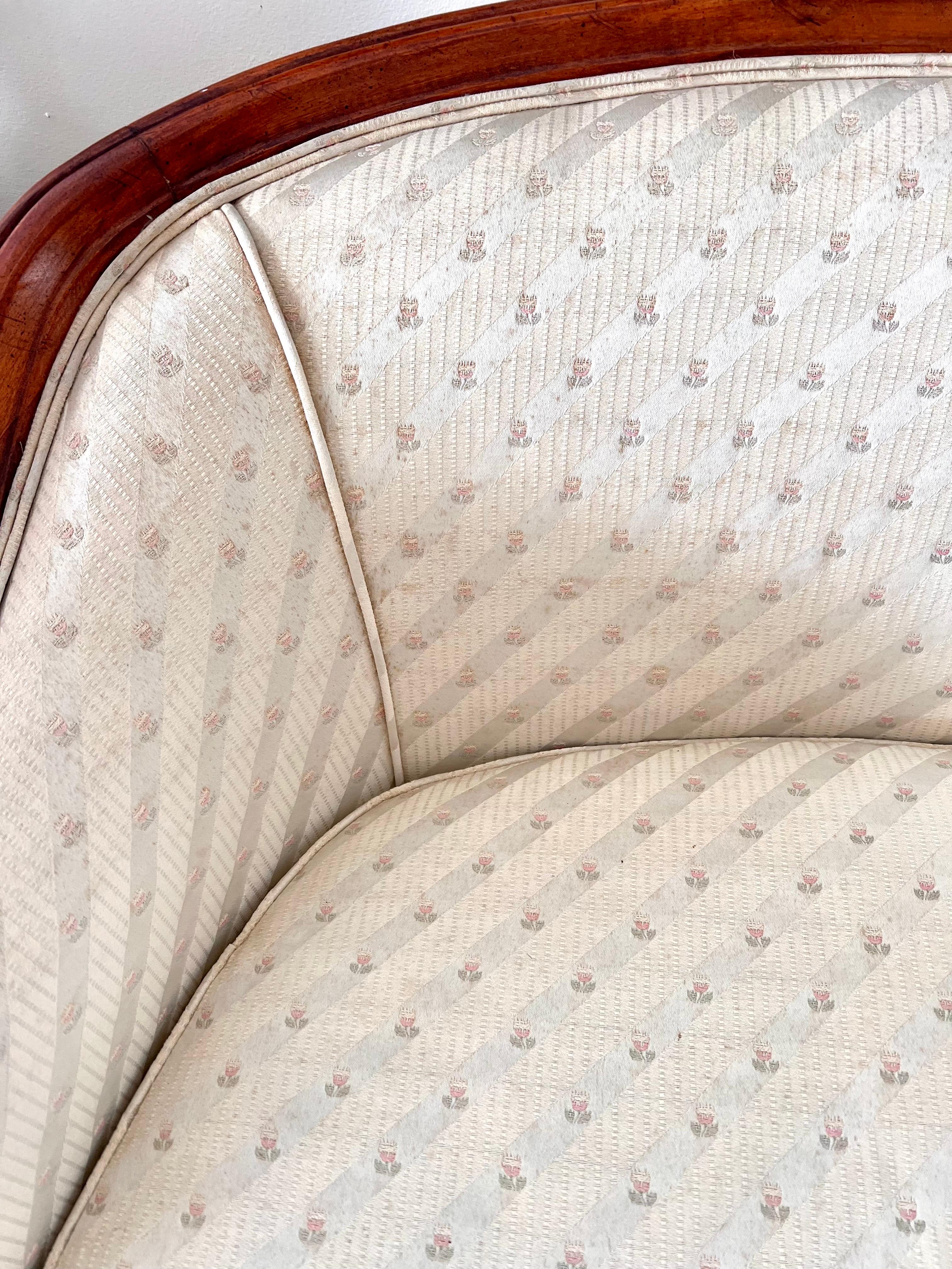Antique French Louis XVI Mahogany Upholstered Settee Loveseat In Good Condition In West Hartford, CT