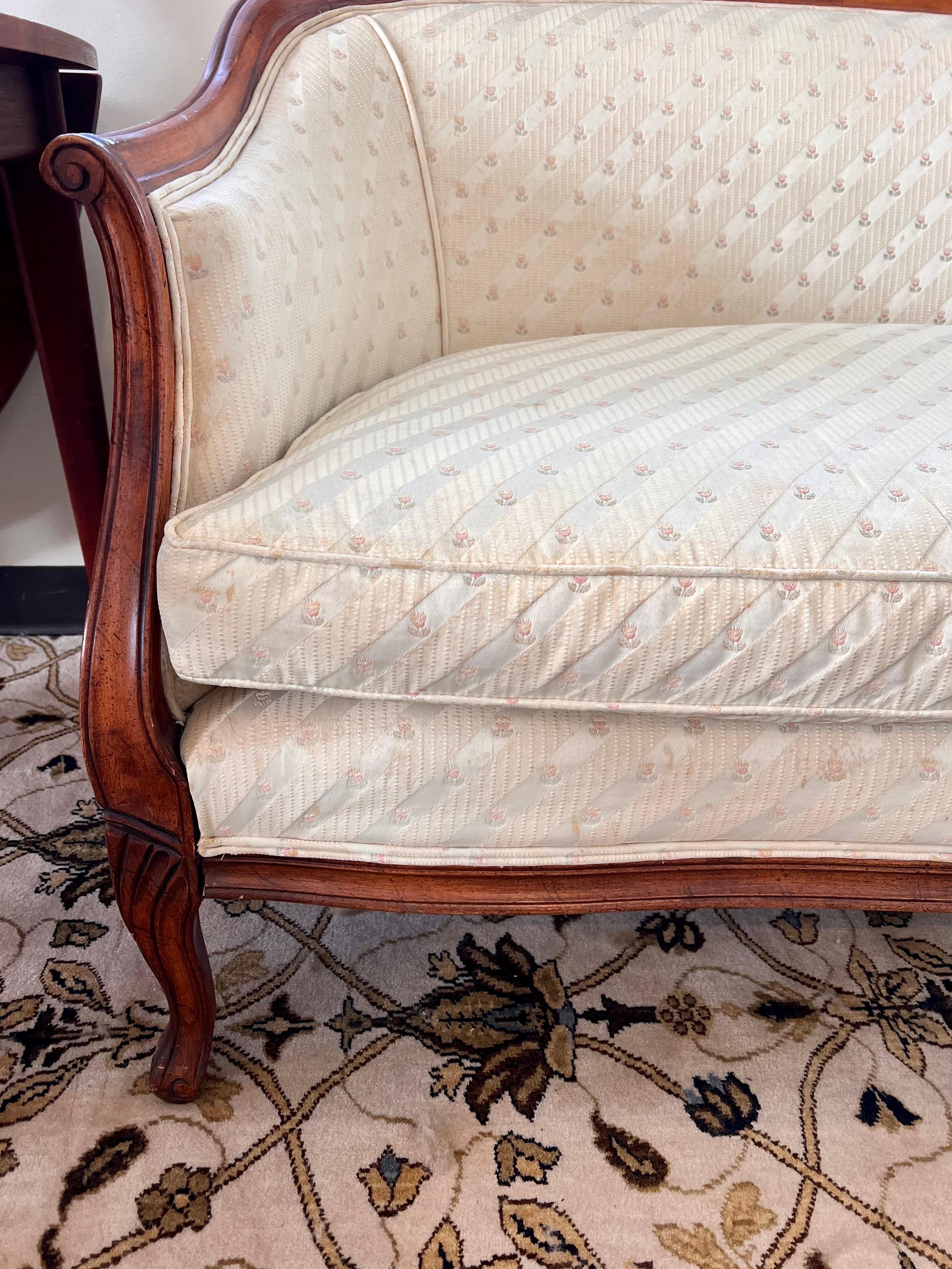 Fabric Antique French Louis XVI Mahogany Upholstered Settee Loveseat