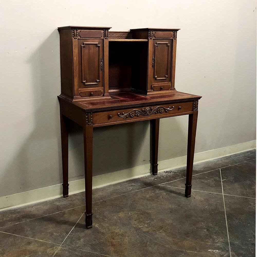 Antique French Louis XVI mahogany wall desk is ideal as an ancillary desk in the office, or at home in the library, study or as a student's desk! Drawers and cabinets provide the perfect amount of storage, with an ideal surface for laptops or