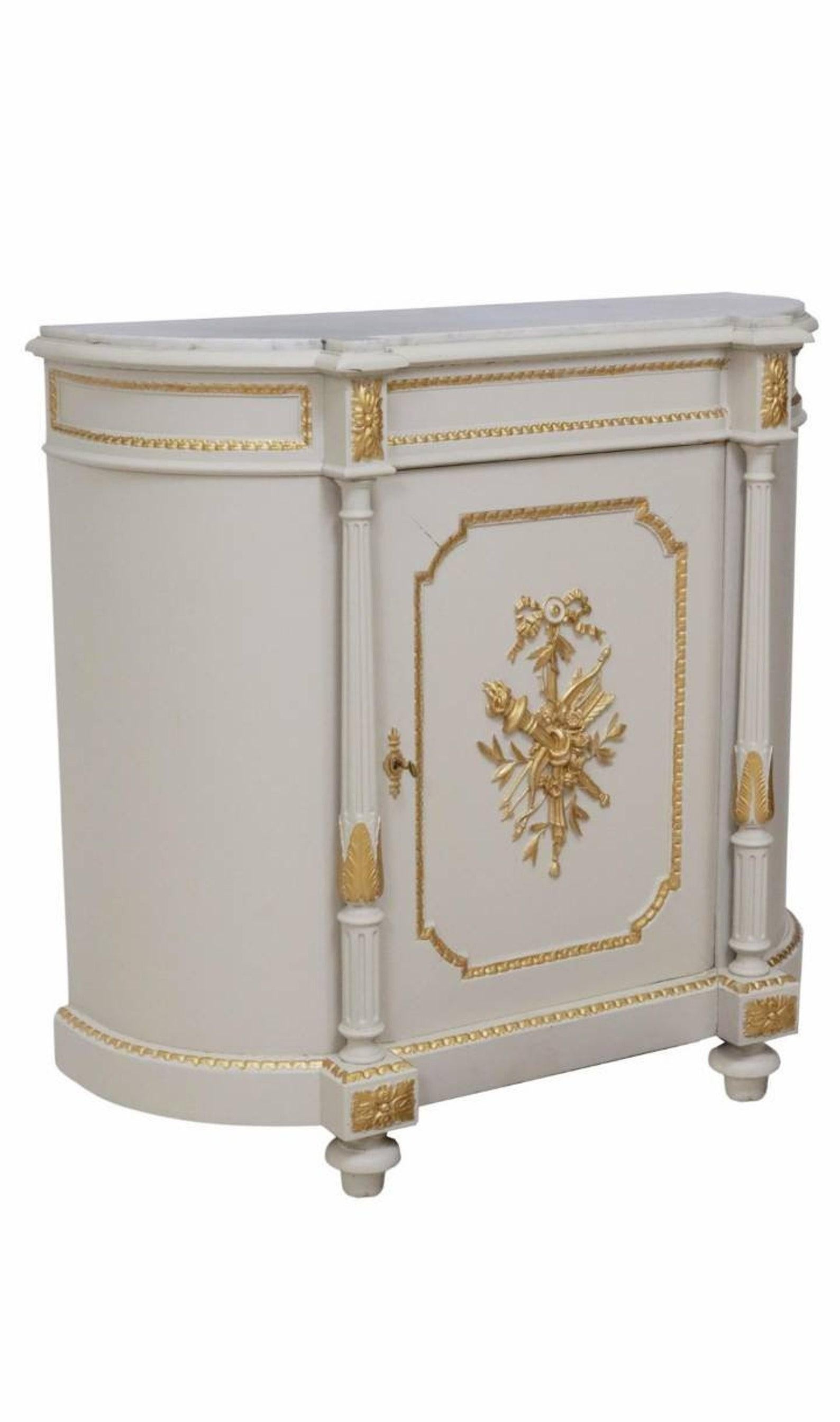 Add luxurious French elegance and Parisian sophistication with this antique Louis XVI style demilune sideboard server. circa 1920

Born in France in the early 20th century, finished in luxurious King Louis XVI taste, in the manner of Maison Jansen