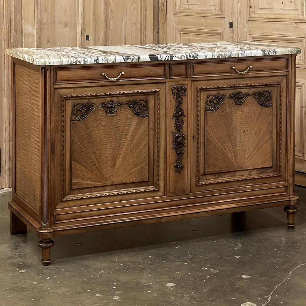 Hand-Carved Antique French Louis XVI Maple Marquetry Marble Top Buffet For Sale