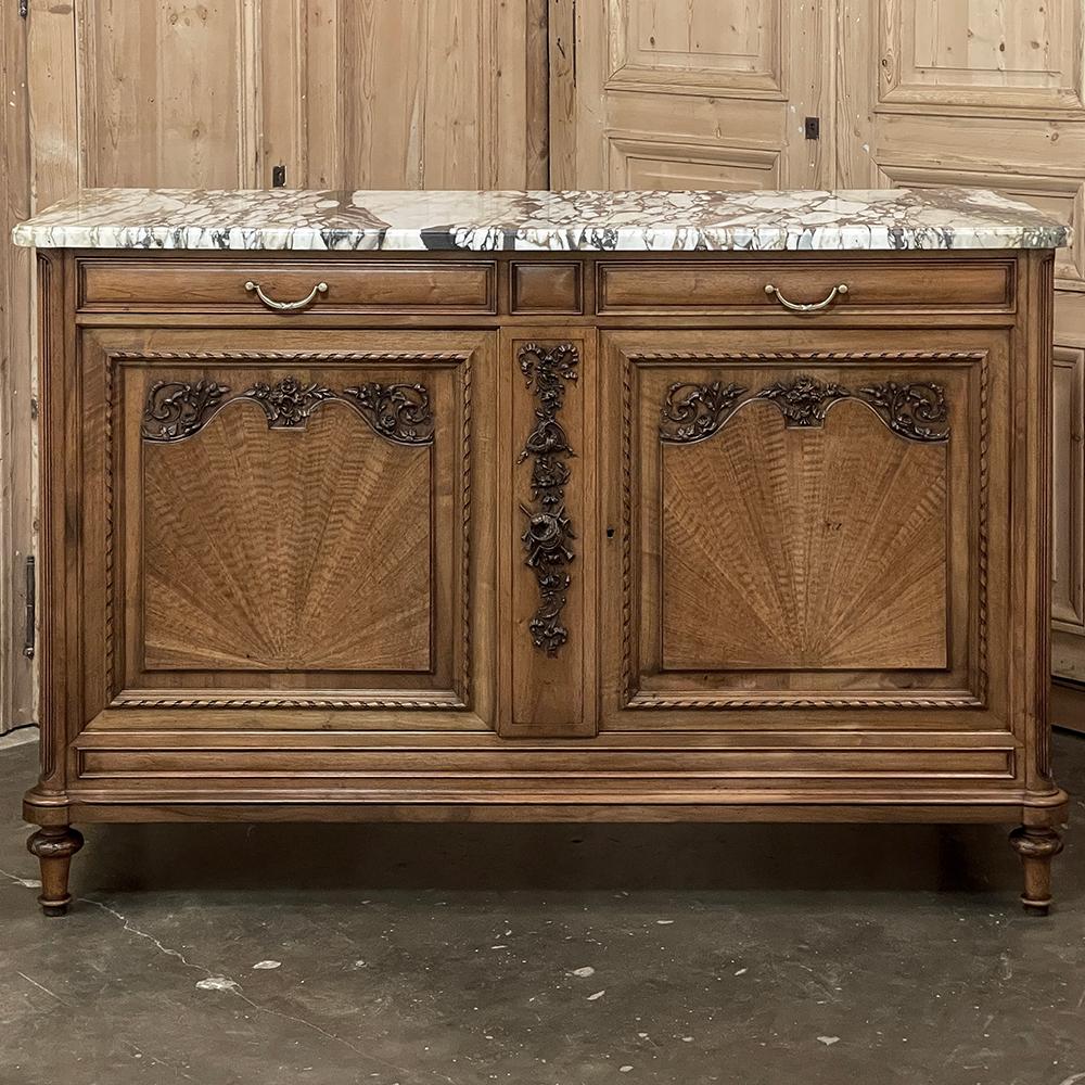 Antique French Louis XVI Maple Marquetry Marble Top Buffet In Good Condition For Sale In Dallas, TX