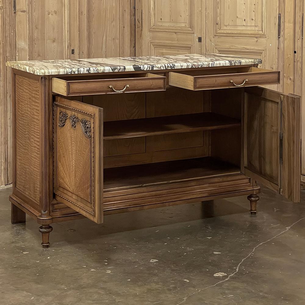20th Century Antique French Louis XVI Maple Marquetry Marble Top Buffet For Sale