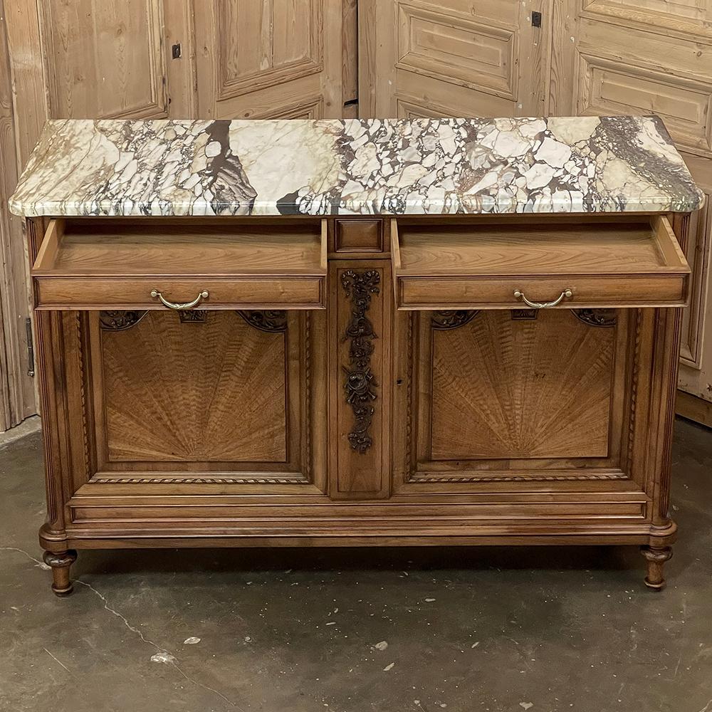 Antique French Louis XVI Maple Marquetry Marble Top Buffet For Sale 1