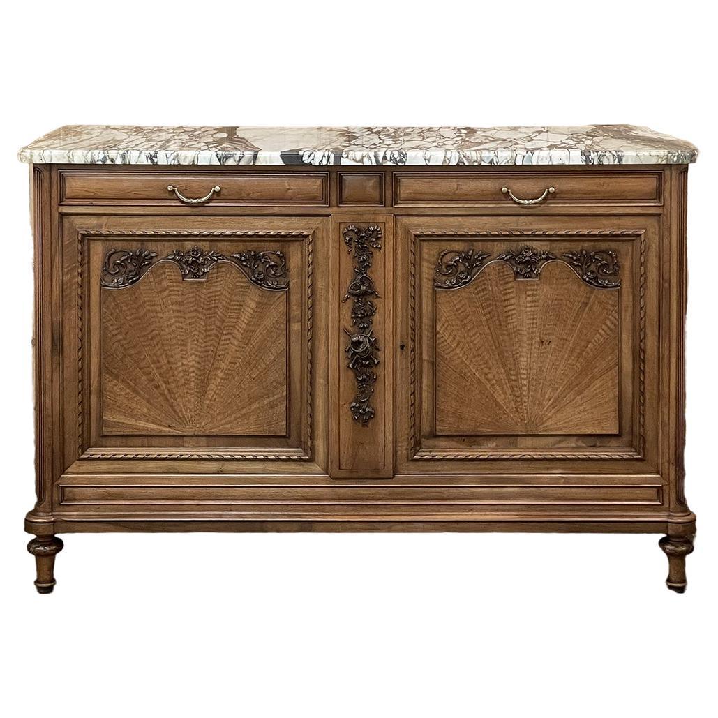 Antique French Louis XVI Maple Marquetry Marble Top Buffet For Sale