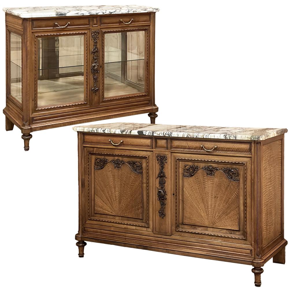 Antique French Louis XVI Maple Marquetry Marble Top Display Buffet is yet another unusual find.  Crafted from finely figured maple with 
