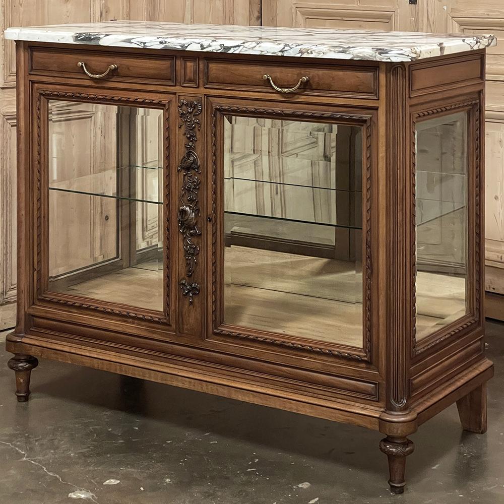 Beveled Antique French Louis XVI Maple Marquetry Marble Top Display Buffet For Sale