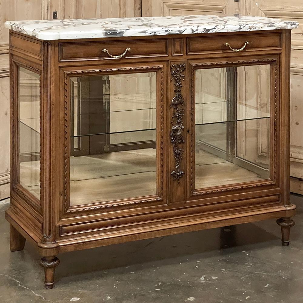 Antique French Louis XVI Maple Marquetry Marble Top Display Buffet In Good Condition For Sale In Dallas, TX