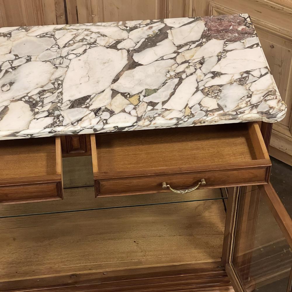 20th Century Antique French Louis XVI Maple Marquetry Marble Top Display Buffet For Sale