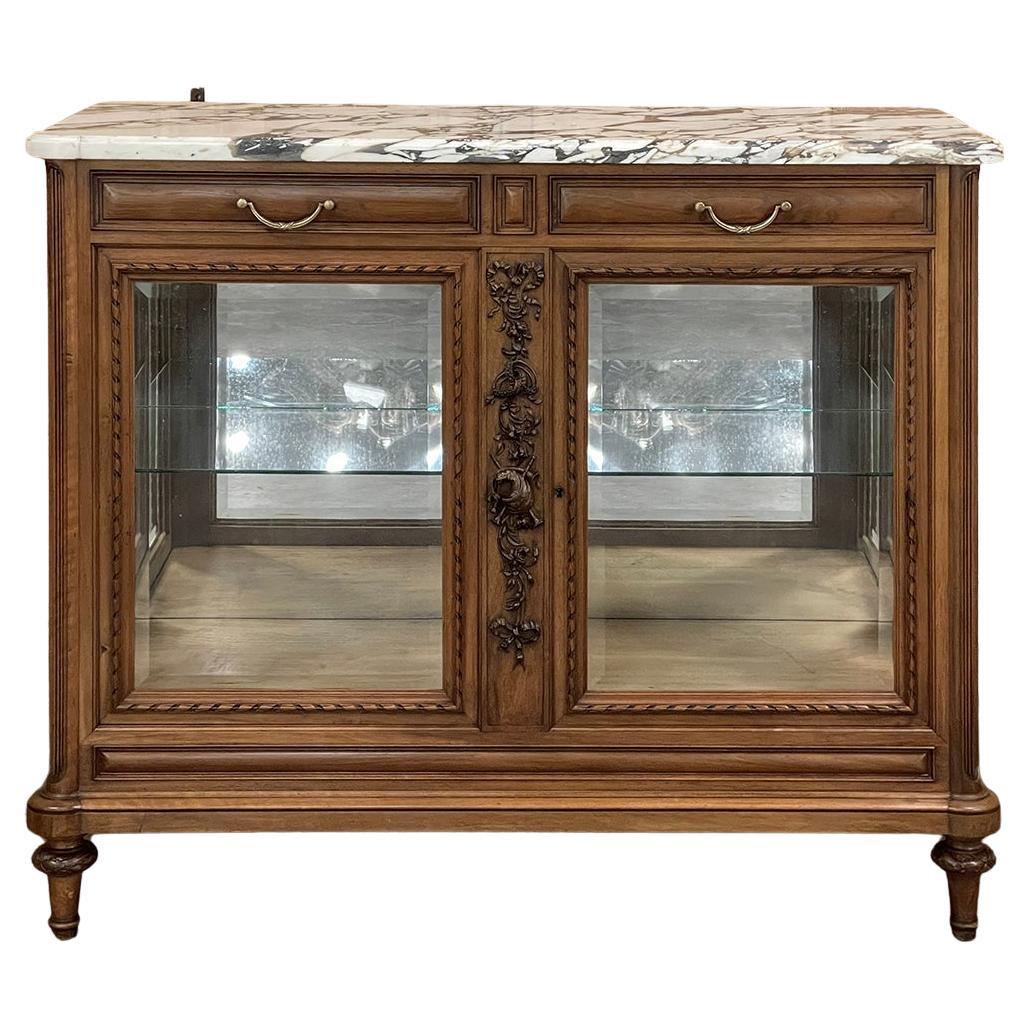Antique French Louis XVI Maple Marquetry Marble Top Display Buffet For Sale