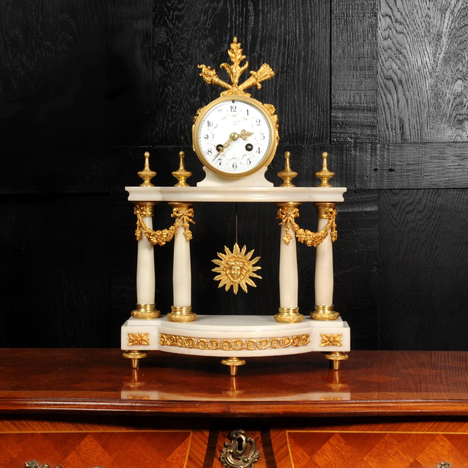 Gilt Antique French Louis XVI Marble and Ormolu Portico Clock For Sale