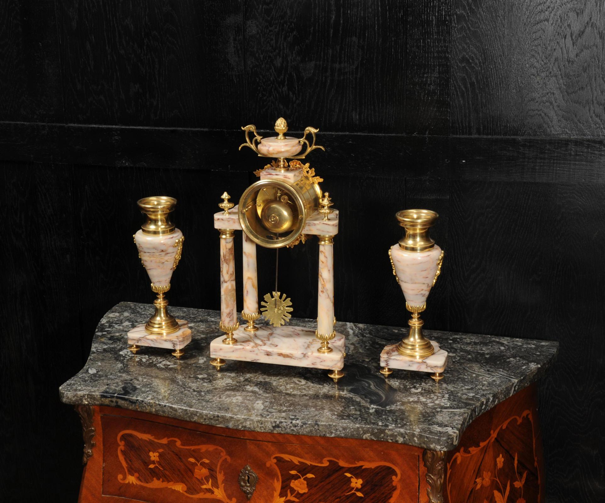 Antique French Louis XVI Marble and Ormolu Portico Clock Set 6