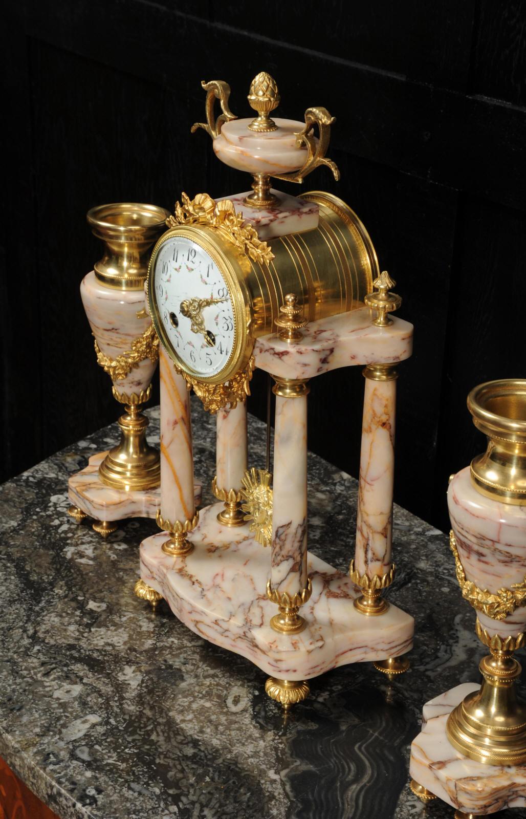 Antique French Louis XVI Marble and Ormolu Portico Clock Set 7