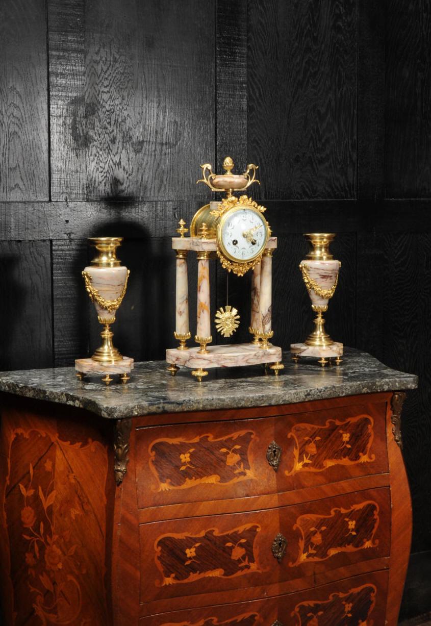 Antique French Louis XVI Marble and Ormolu Portico Clock Set 8