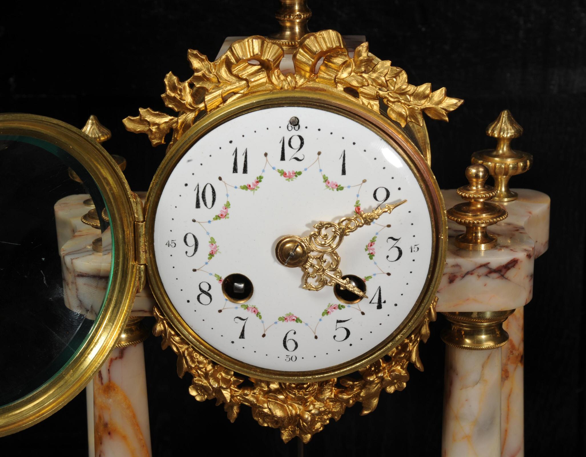 Antique French Louis XVI Marble and Ormolu Portico Clock Set 9