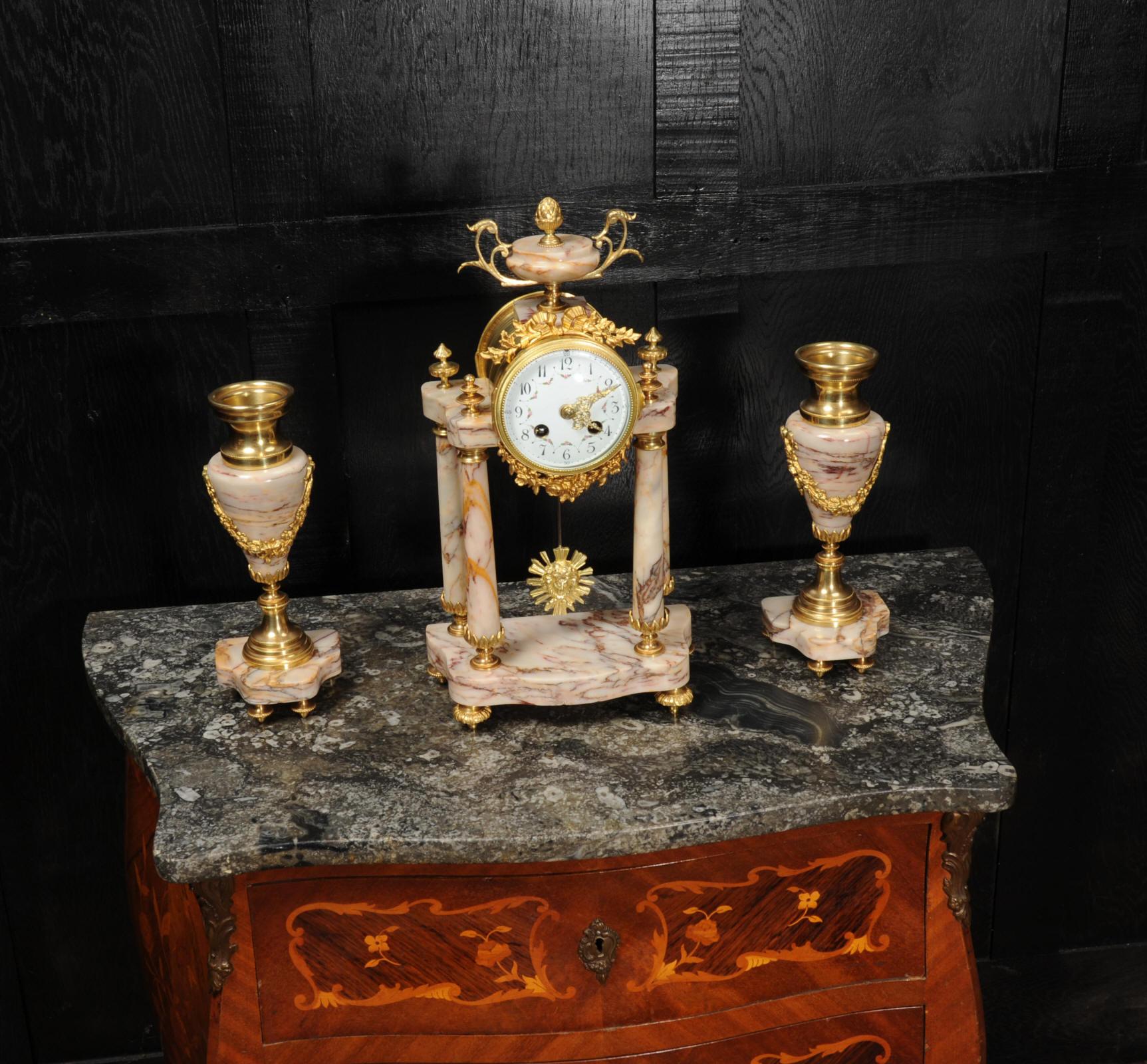 Antique French Louis XVI Marble and Ormolu Portico Clock Set In Good Condition In Belper, Derbyshire