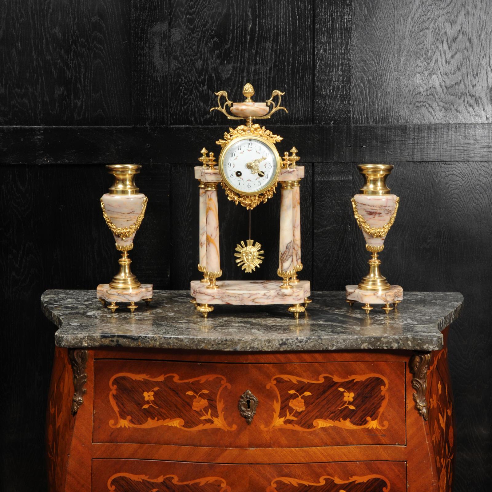 19th Century Antique French Louis XVI Marble and Ormolu Portico Clock Set