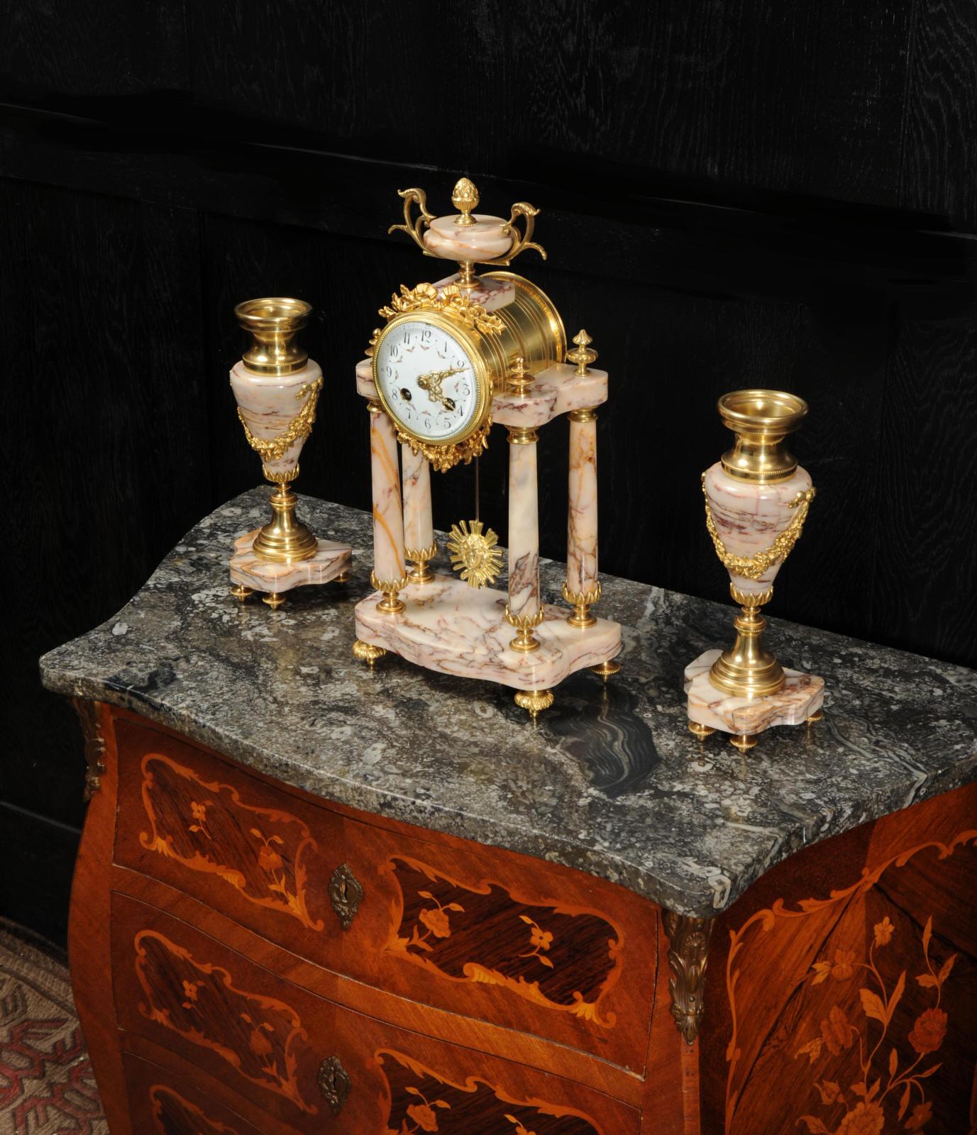 Antique French Louis XVI Marble and Ormolu Portico Clock Set 2
