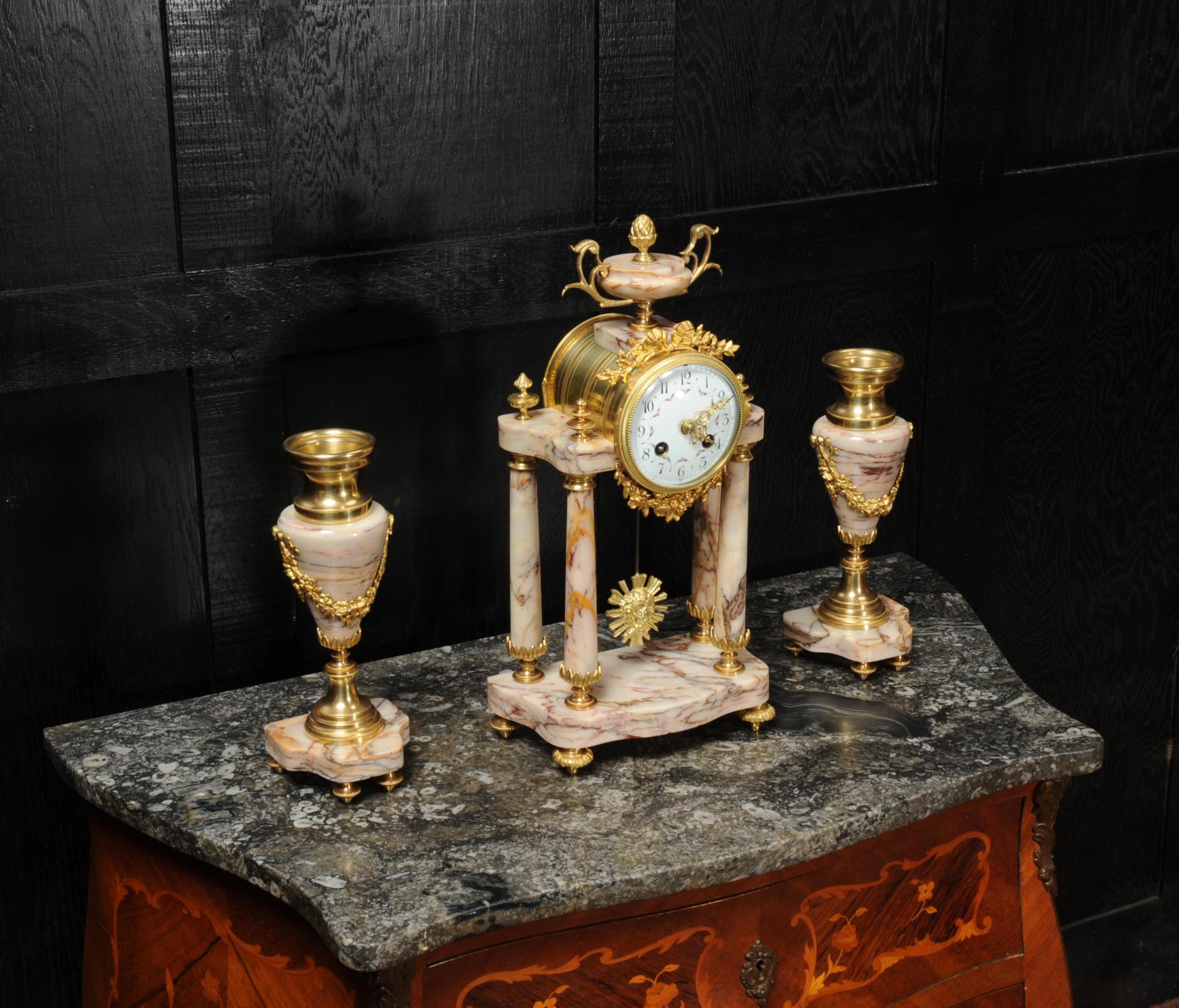 Antique French Louis XVI Marble and Ormolu Portico Clock Set 5