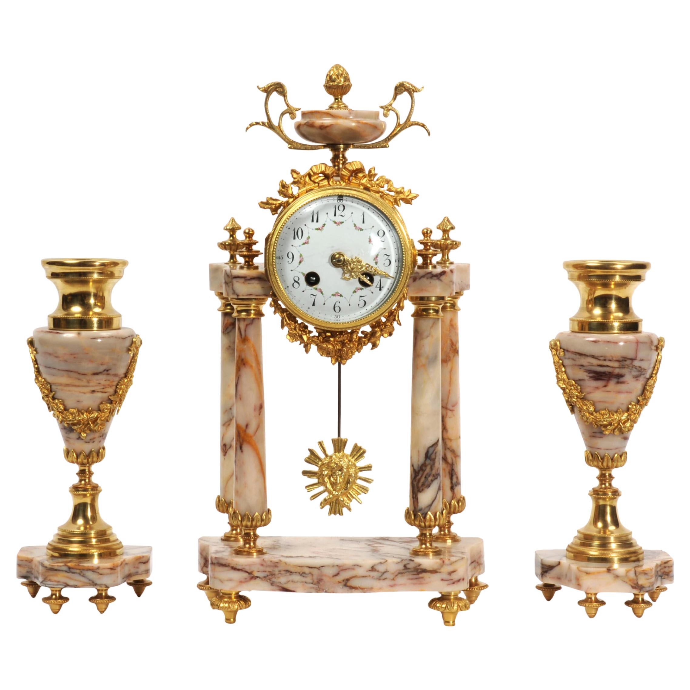 Antique French Louis XVI Marble and Ormolu Portico Clock Set