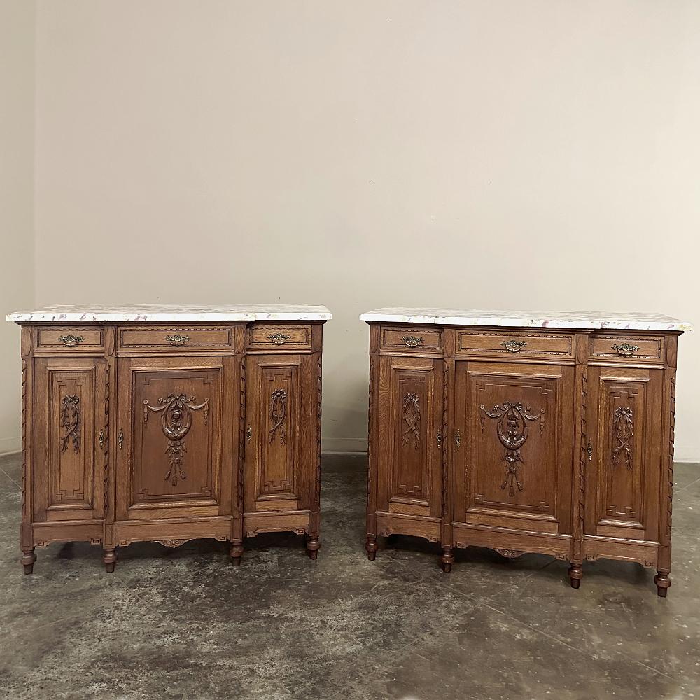 Antique French Louis XVI Marble Top Buffet is a timeless rendition of the classical style that dates back to ancient Greece and Rome!  King Louis XVI was fond of the neoclassical look and it became exponentially more pervasive during his reign. 