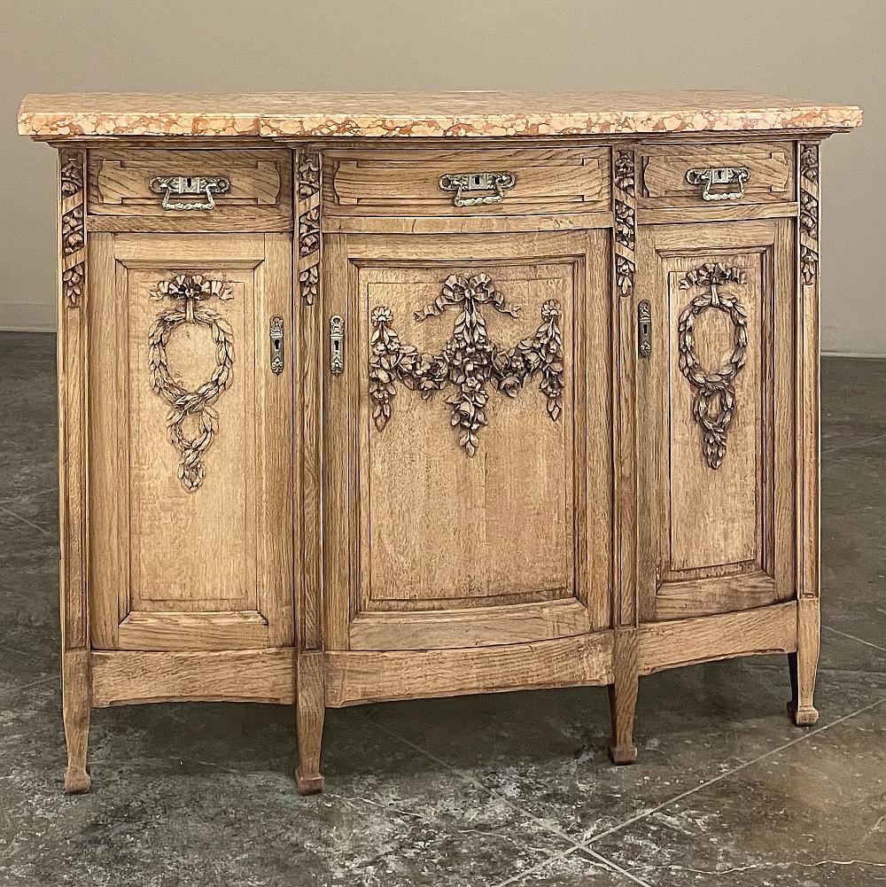 Antique French Louis XVI Marble Top Buffet in Stripped Oak will make a wonderful addition to a classic decor!  Rendered from dense, old-growth white oak, it has been painstakingly stripped using our proprietary non-petrochemical process which