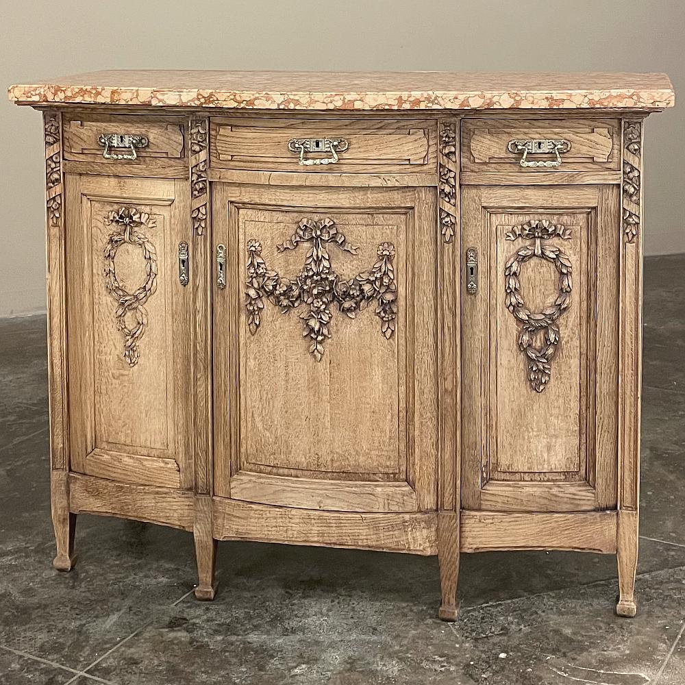 Hand-Carved Antique French Louis XVI Marble Top Buffet in Stripped Oak For Sale
