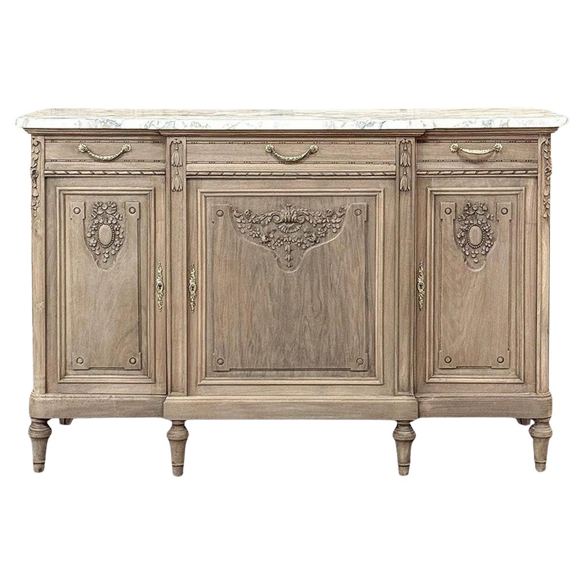 Antique French Louis XVI Marble Top Buffet in Stripped Walnut For Sale