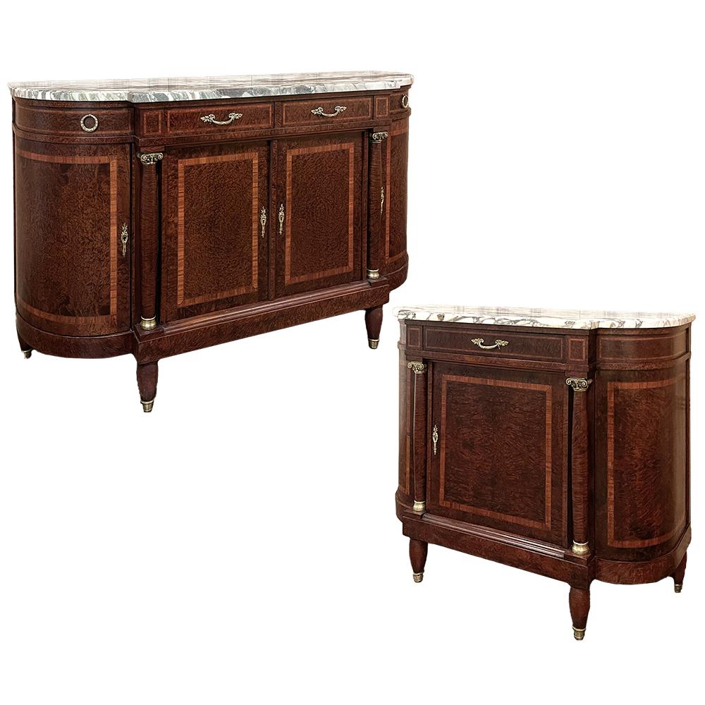 Antique French Louis XVI Marble Top Burl Wood Buffet is an elegant expression of the neoclassical form, rendered in exquisitely veined contoured and beveled marble, exotic and rare burl woods and cast bronze to create an unmistakable impression in