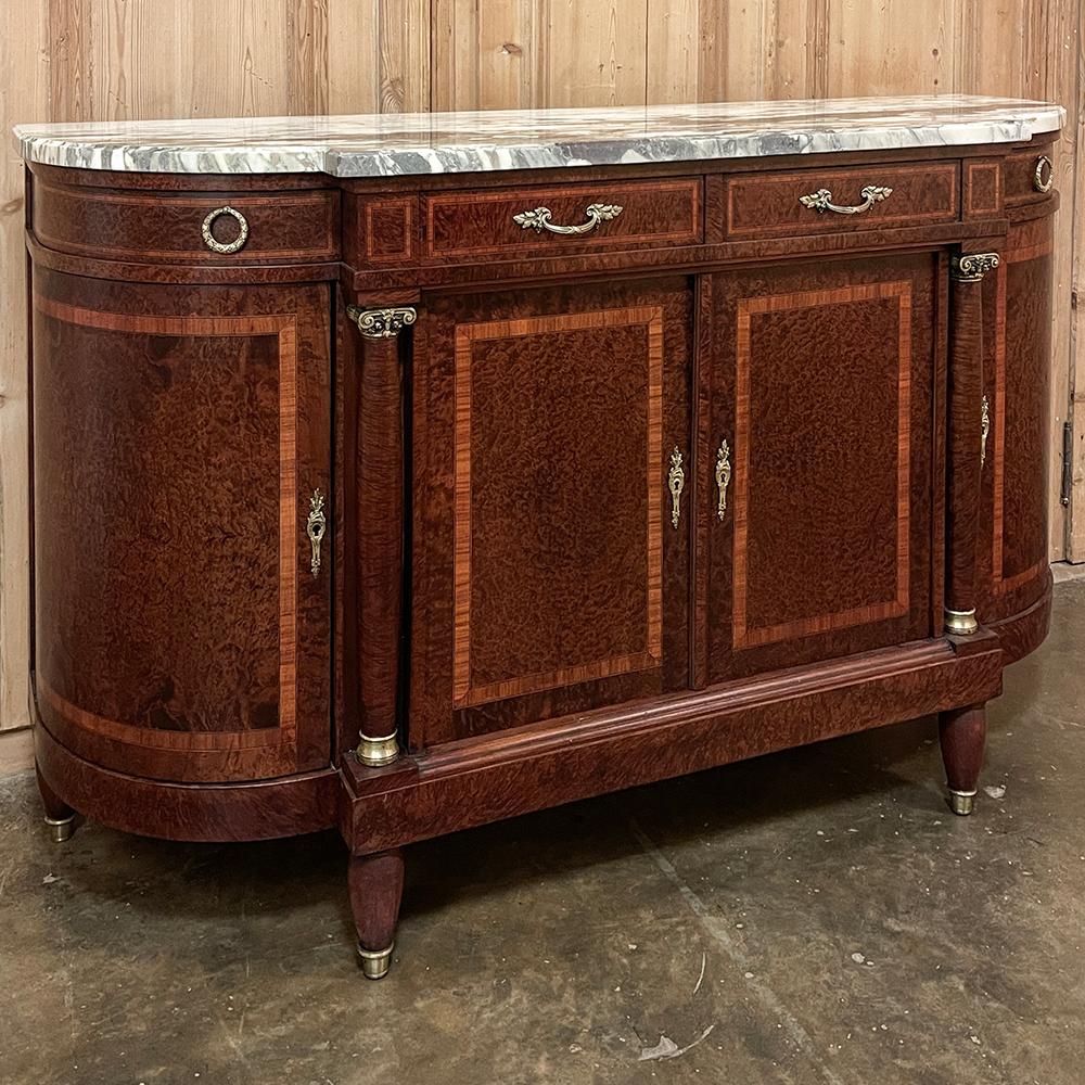Hand-Crafted Antique French Louis XVI Marble Top Burl Wood Buffet For Sale