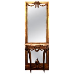 Antique French Louis XVI Marble-Top Giltwood Console Table and Mirror circa 1860