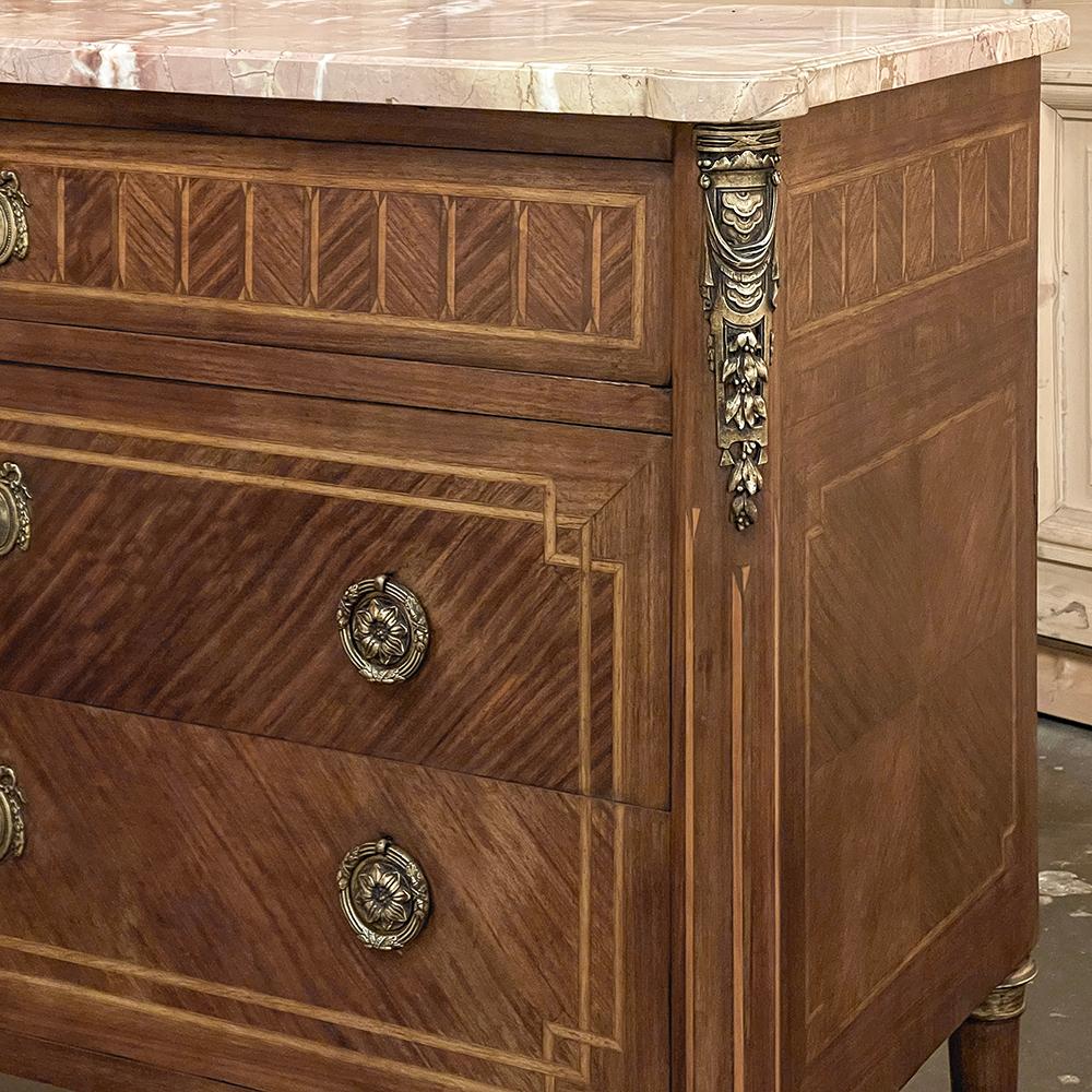 Antique French Louis XVI Marble Top Marquetry Commode For Sale 7