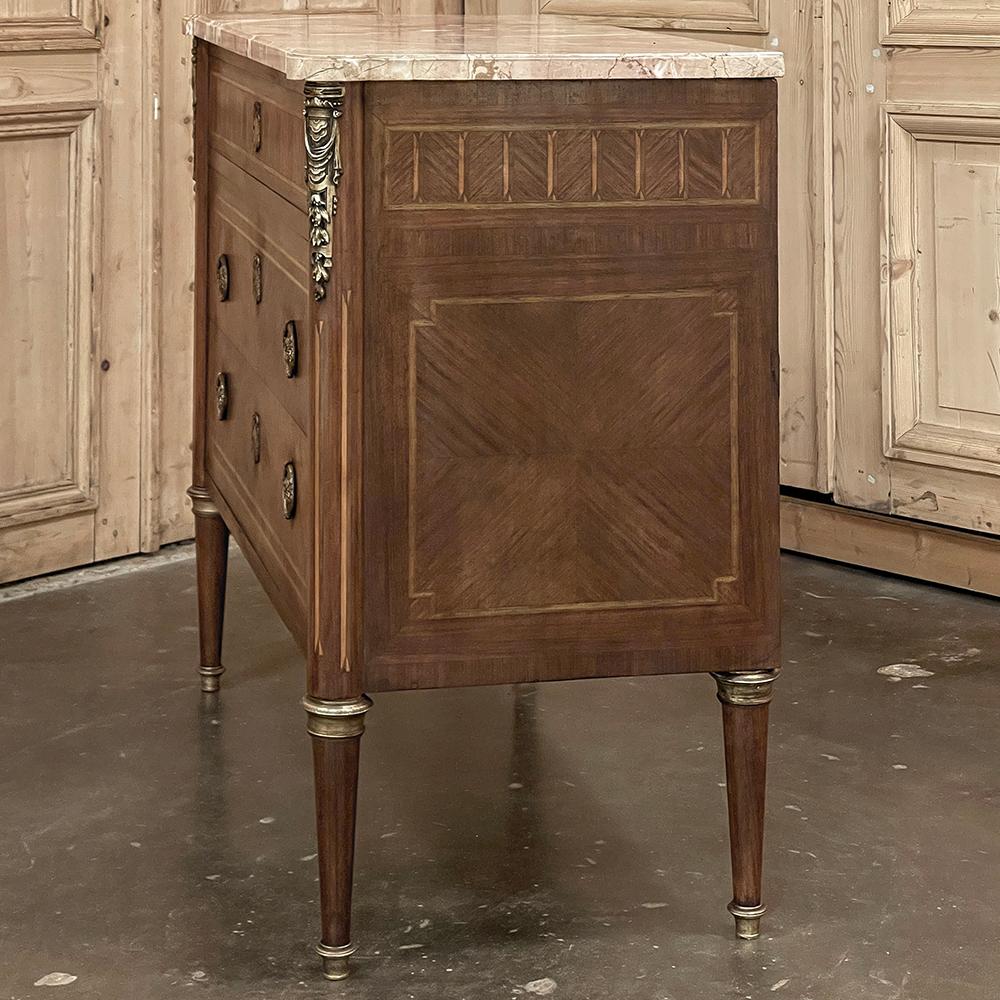 Antique French Louis XVI Marble Top Marquetry Commode For Sale 12