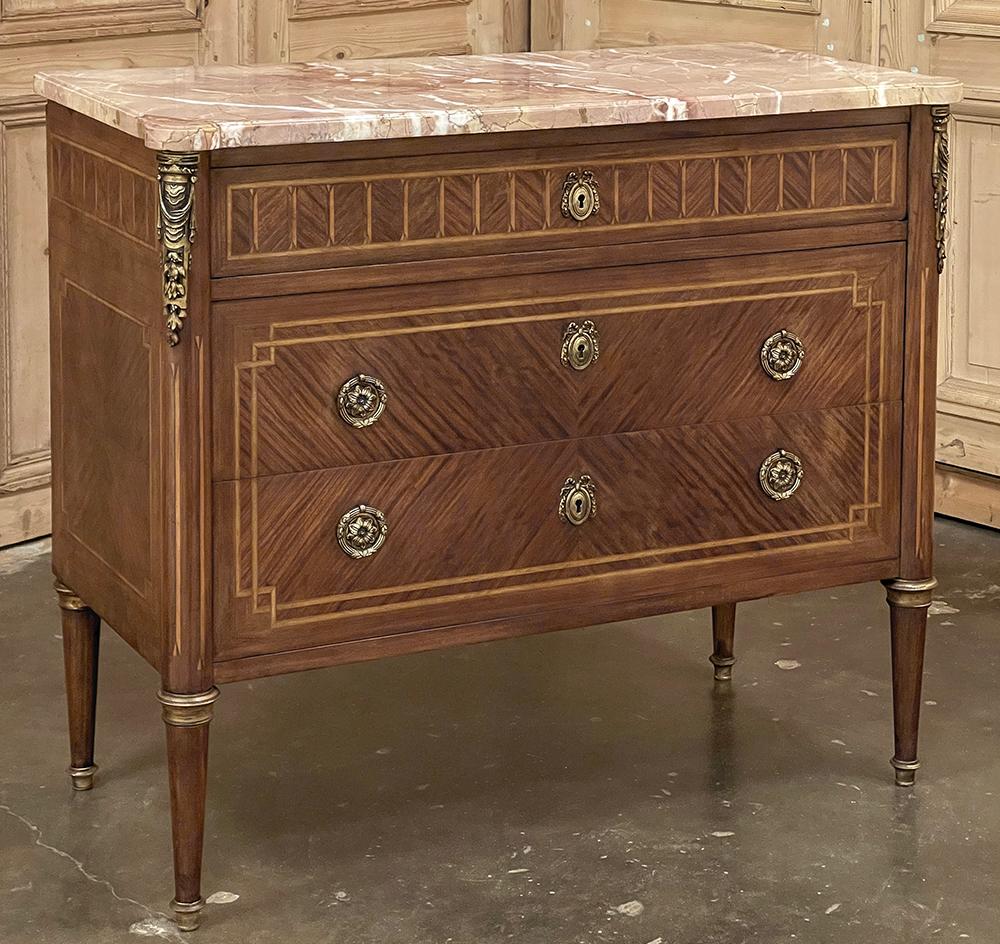 Hand-Crafted Antique French Louis XVI Marble Top Marquetry Commode For Sale