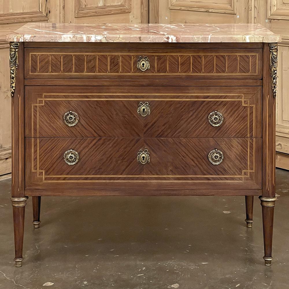 Antique French Louis XVI Marble Top Marquetry Commode In Good Condition For Sale In Dallas, TX