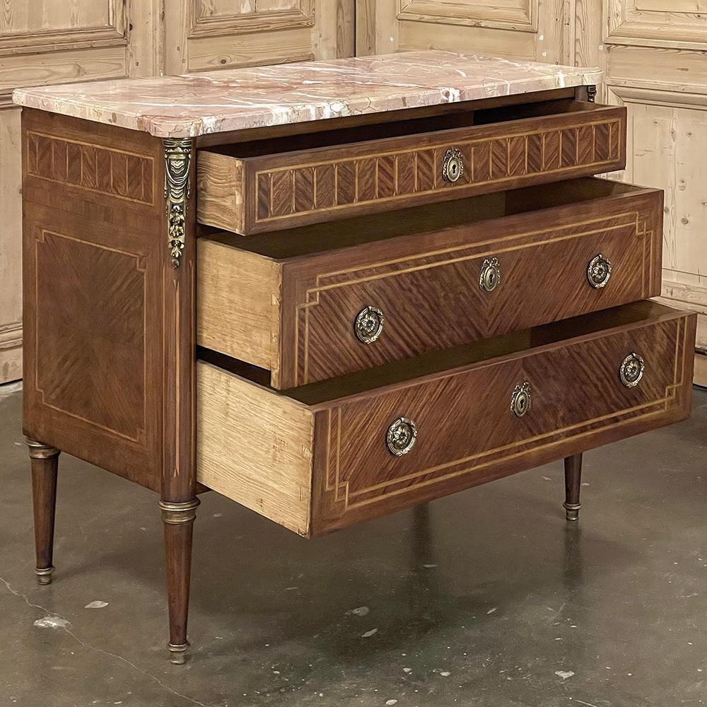 20th Century Antique French Louis XVI Marble Top Marquetry Commode For Sale
