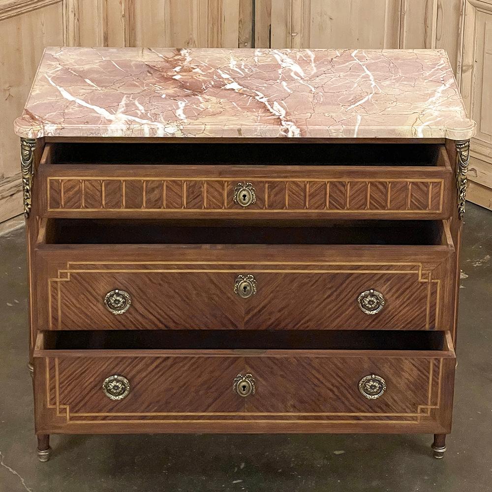 Bronze Antique French Louis XVI Marble Top Marquetry Commode For Sale