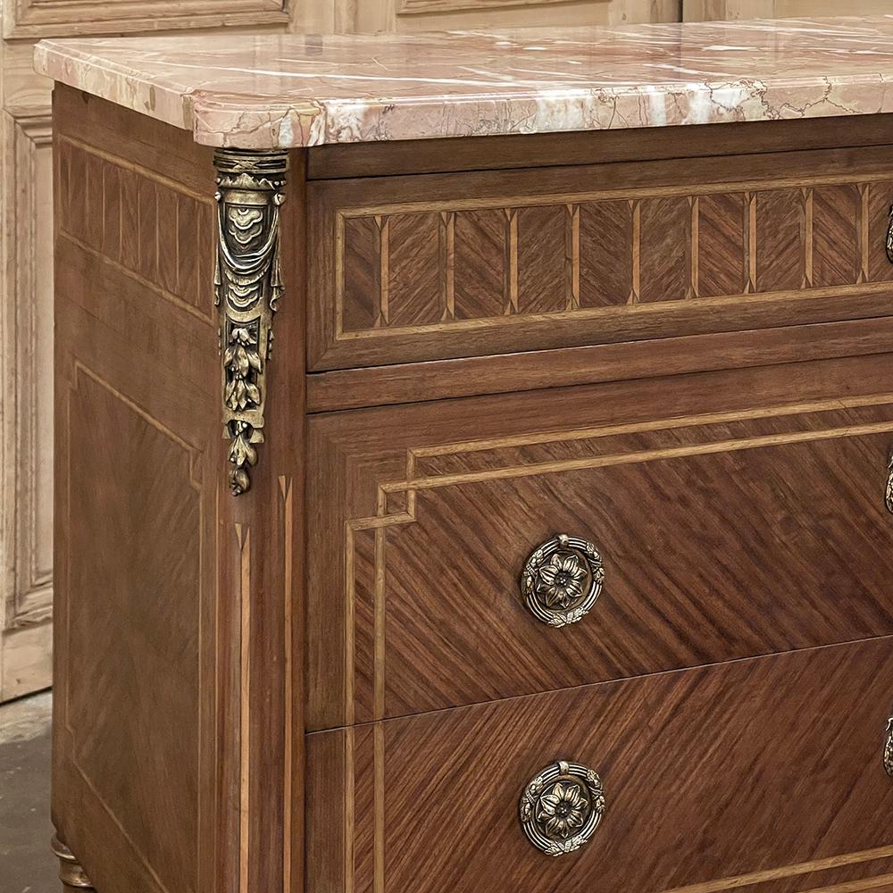 Antique French Louis XVI Marble Top Marquetry Commode For Sale 3