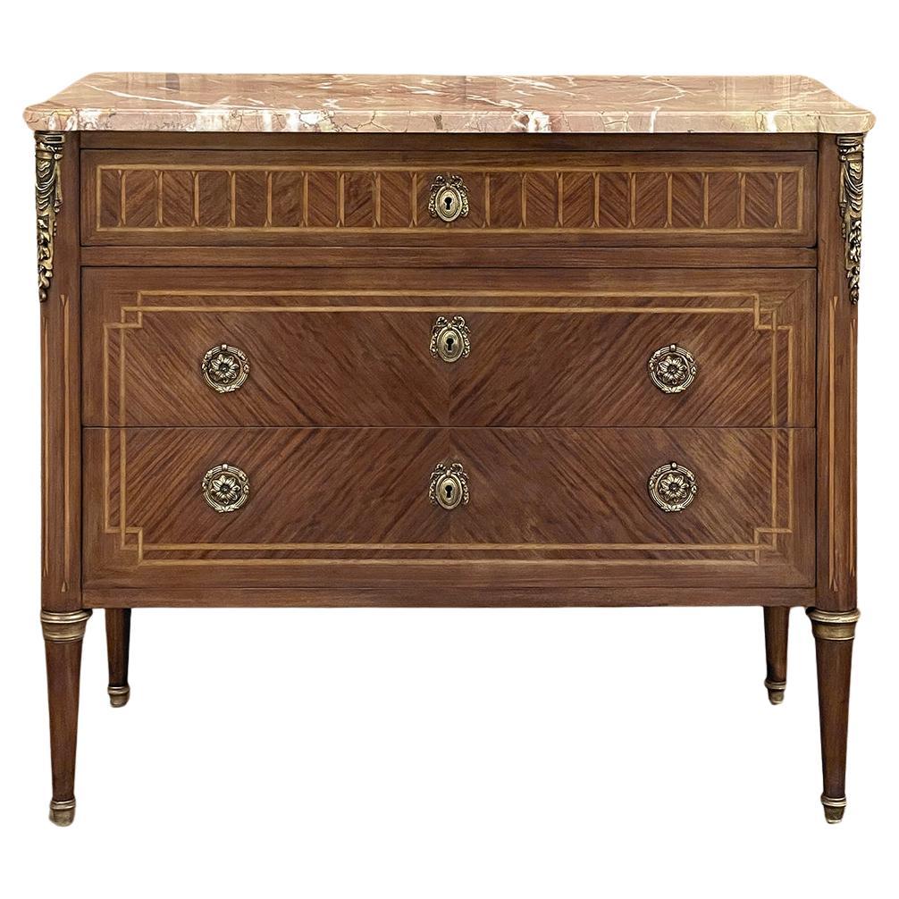 Antique French Louis XVI Marble Top Marquetry Commode For Sale