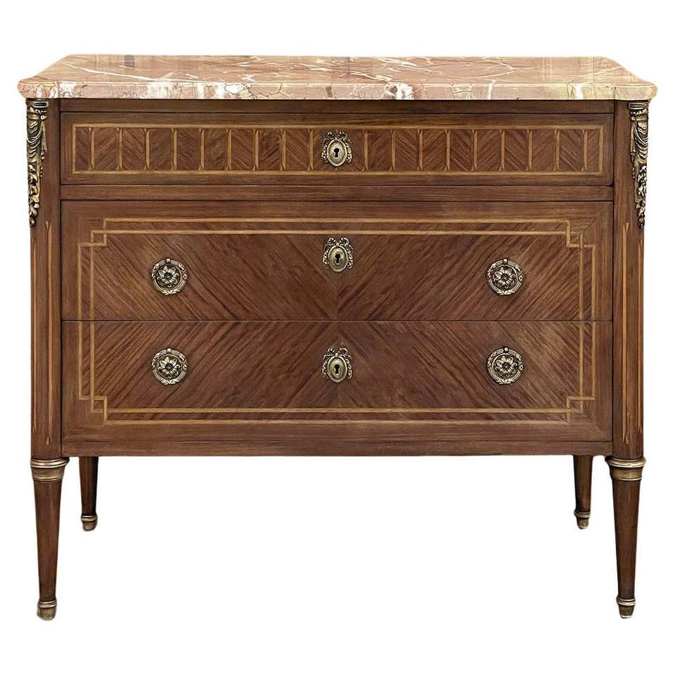 French 19 century Louis XVI Style Marquetry Inlaid Marble-Top Commode ...