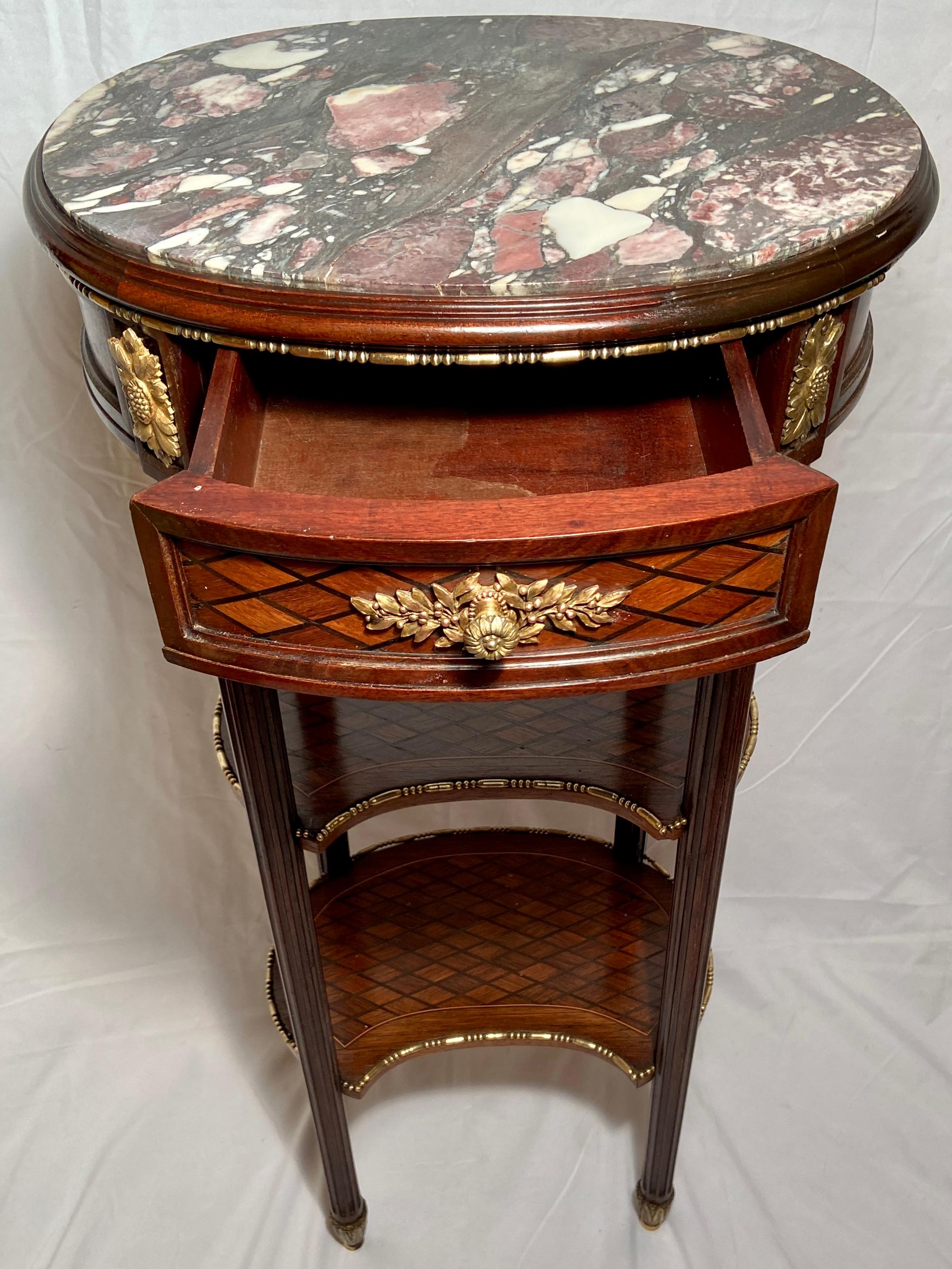 Antique French Louis XVI Marble-Top Occasional Table with Inlay and Ormolu Trim In Good Condition For Sale In New Orleans, LA