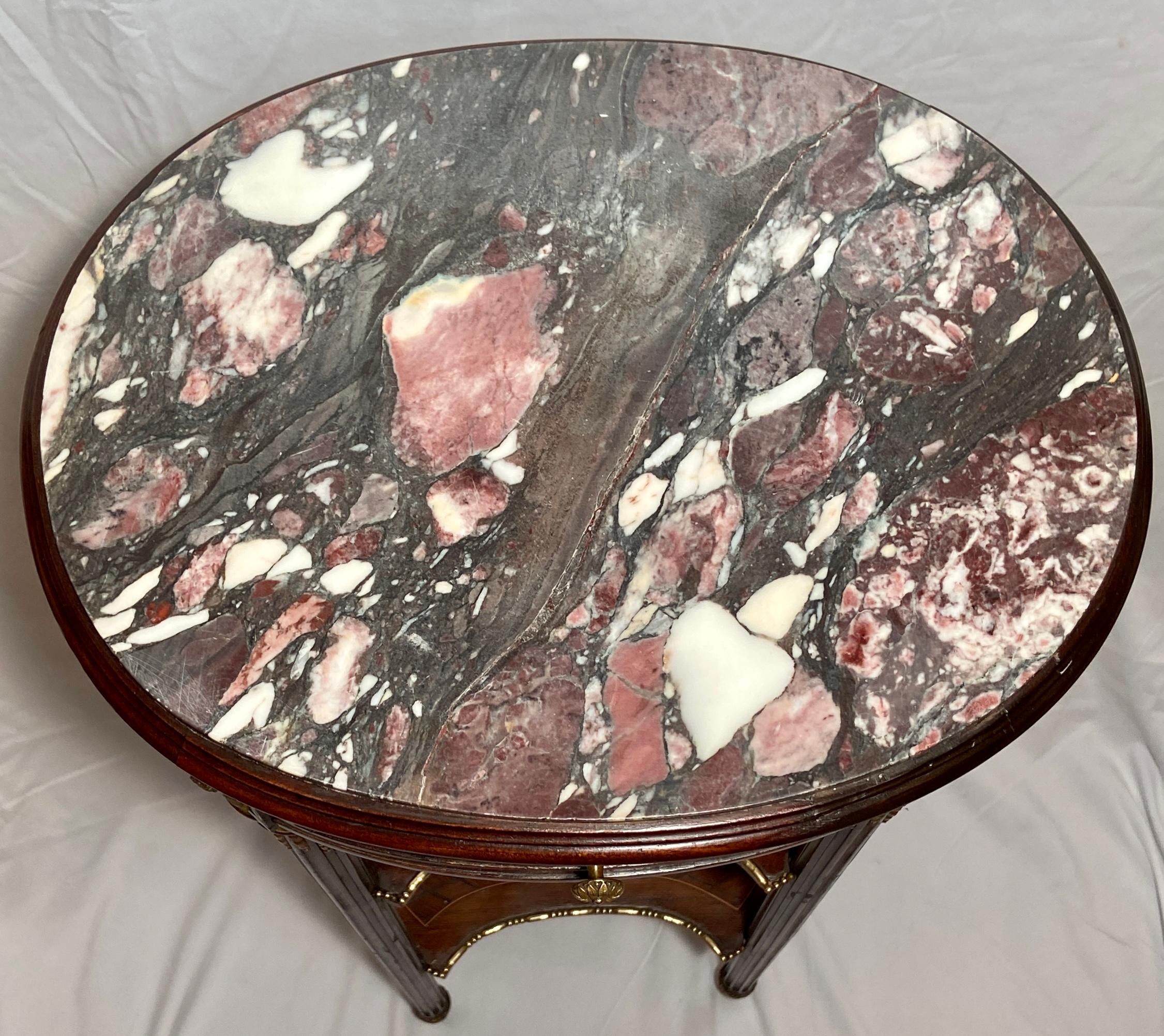 19th Century Antique French Louis XVI Marble-Top Occasional Table with Inlay and Ormolu Trim For Sale