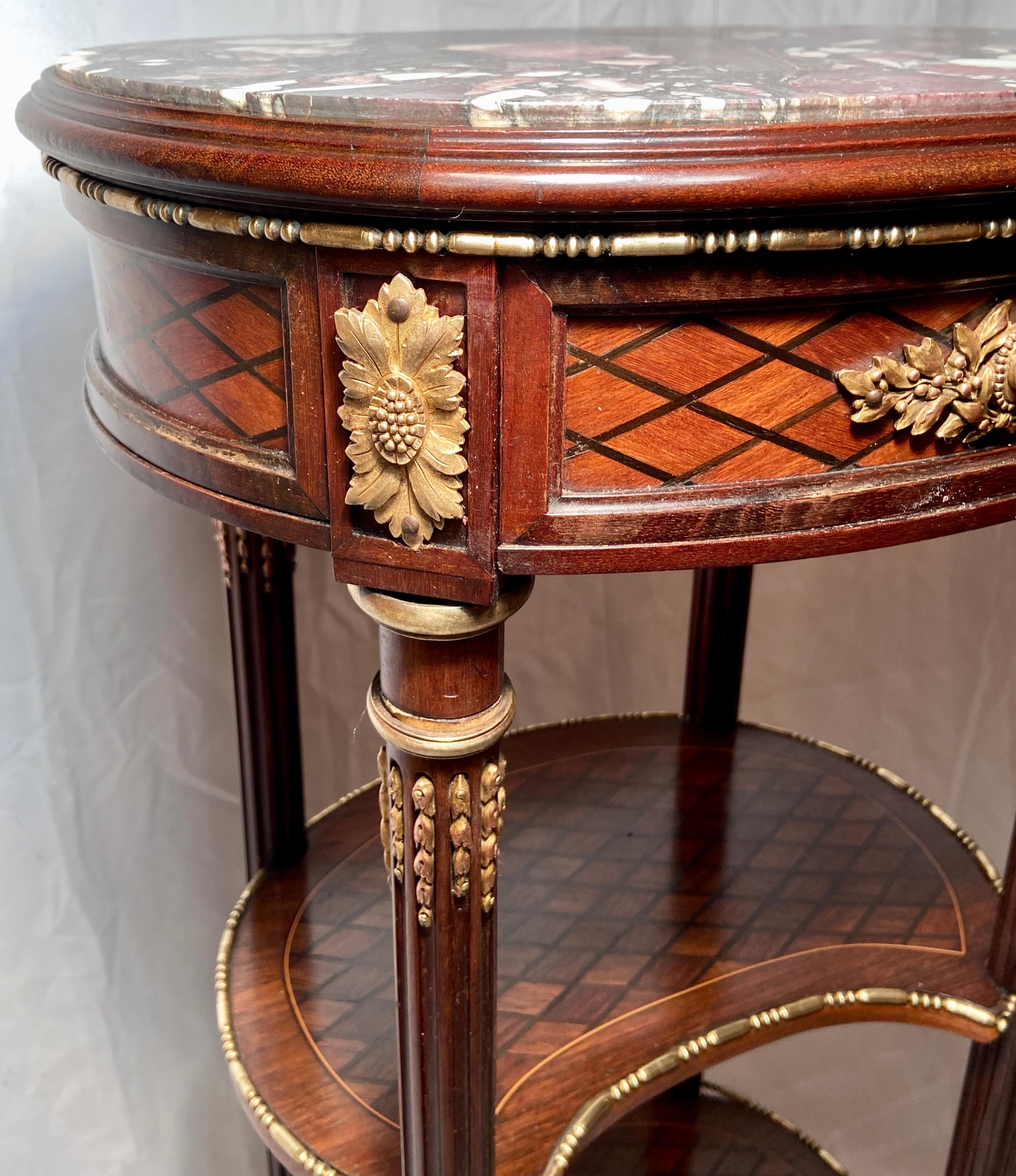 Antique French Louis XVI Marble-Top Occasional Table with Inlay and Ormolu Trim For Sale 2