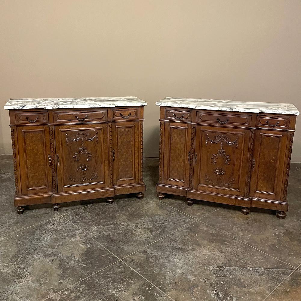 Antique French Louis XVI marble top step-front buffet brings to life the classical style which has enamored those who appreciate fine design and furnishings for thousands of years! The architecture is stately, with a subtle stepped-out center door