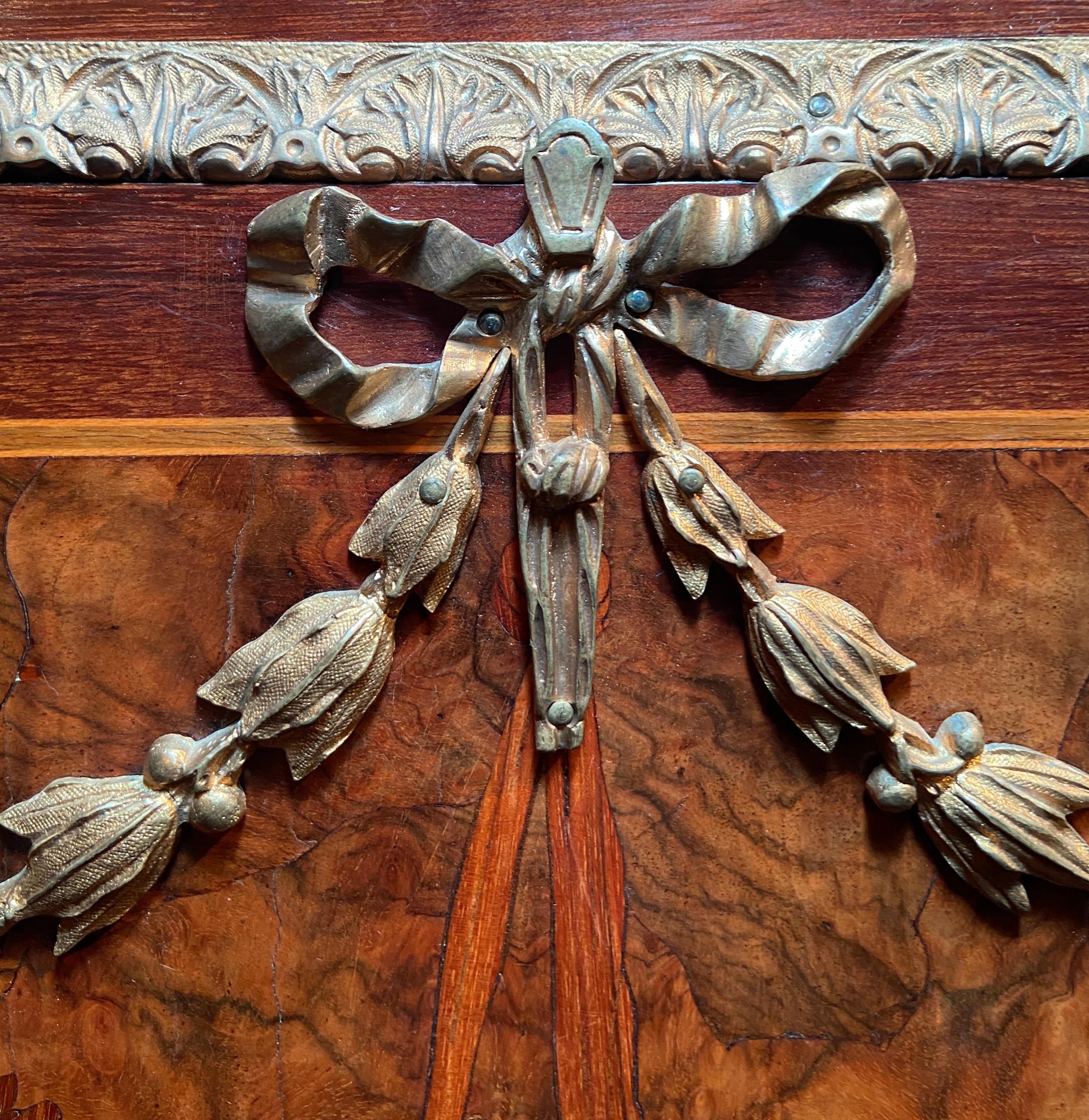 Antique French Louis XVI Marquetry Bronze D'Ore Mounted Marble-Top Commode, 1890 For Sale 4