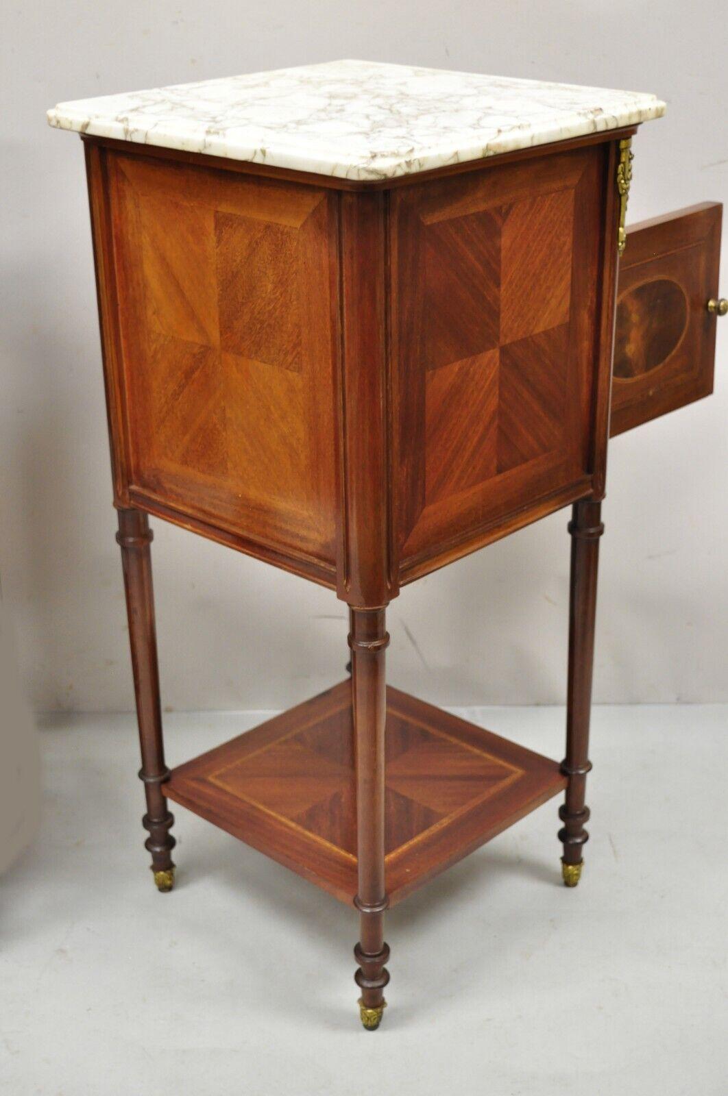 Antique French Louis XVI Marquetry Inlay Marble Top Nightstand Washstand, Pair 6