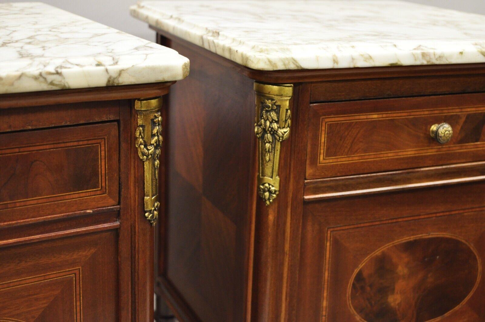 Antique French Louis XVI Marquetry Inlay Marble Top Nightstand Washstand, Pair In Good Condition In Philadelphia, PA